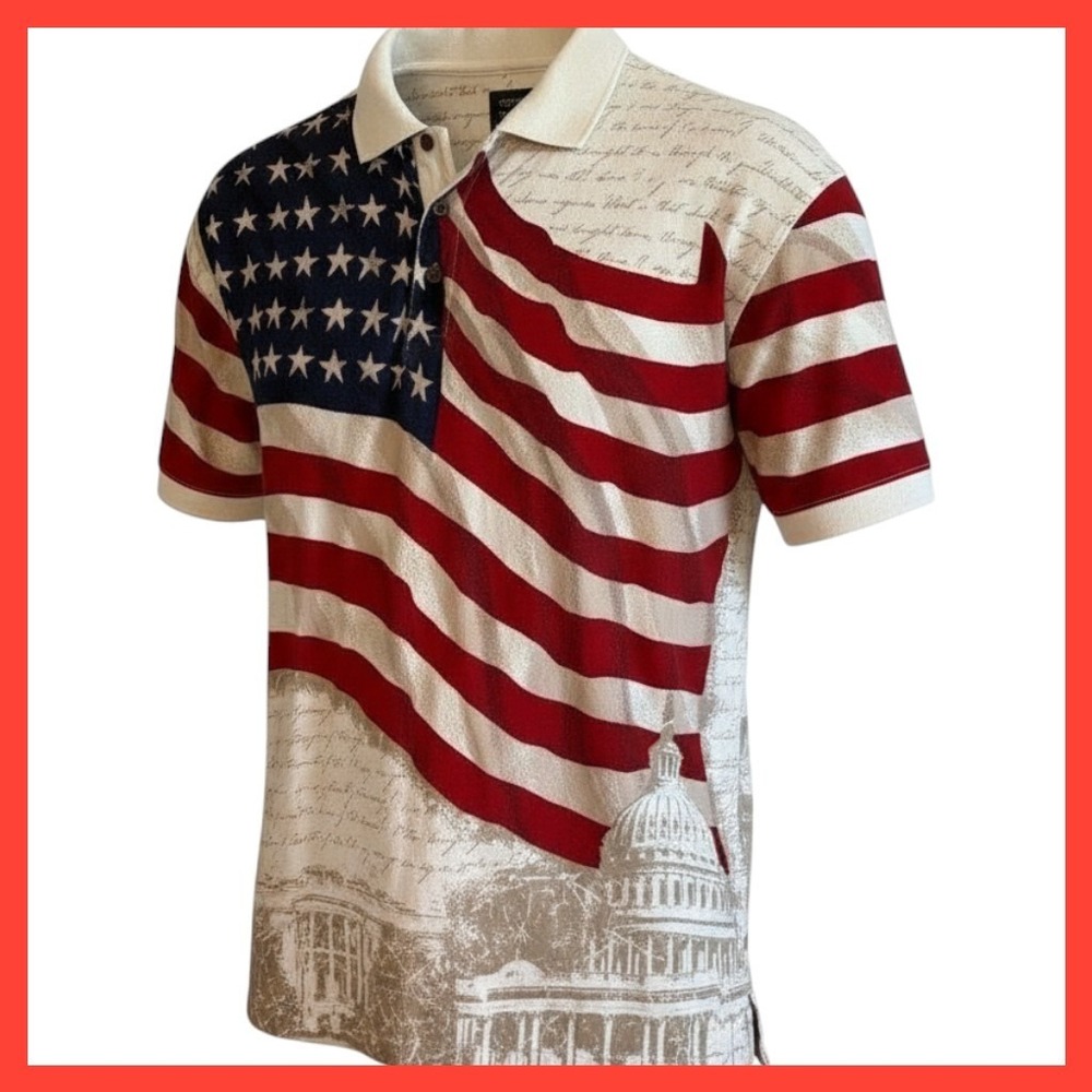 COTTON TRADERS XLG Patriotic American Flag Script Polo Shirt Mens